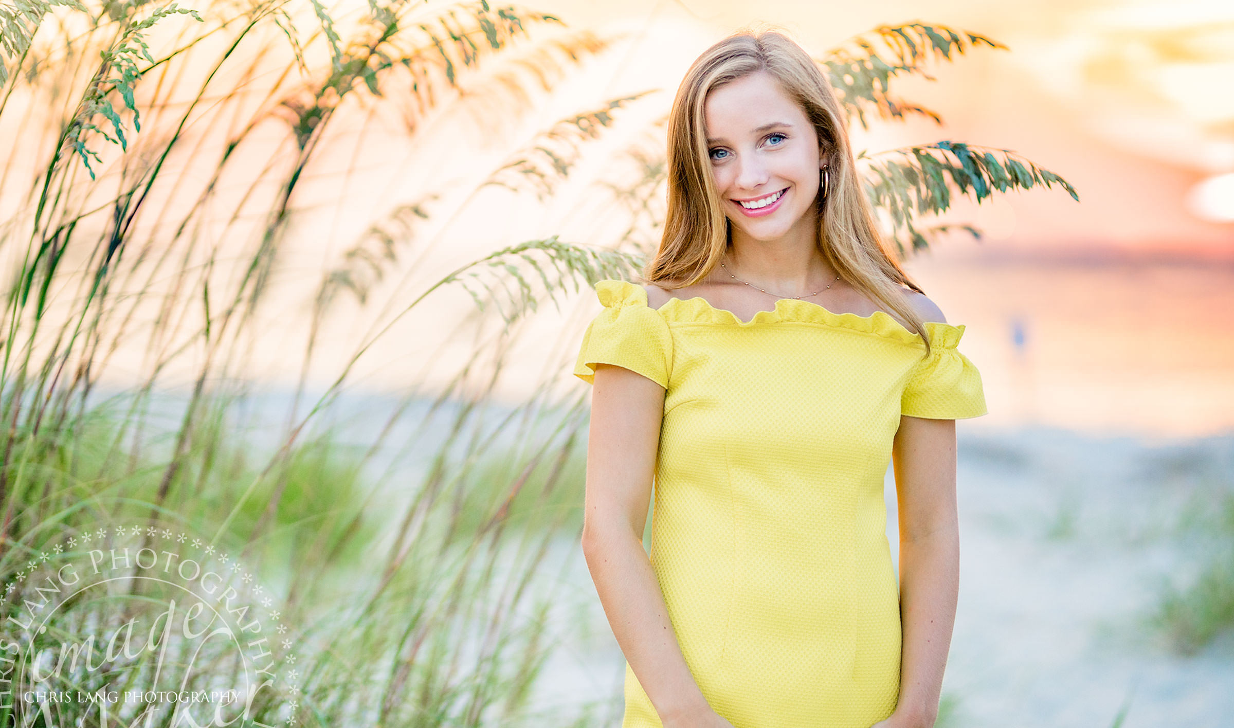 Bald Head Island Photographers - BHI Family Photography - Family Photos  - family portrait   family pictures  - BHI Photographer  - Bald Head Island pictures - Chris Lang Photography  - image of gil on the beach in a yellow dress - beach protraits