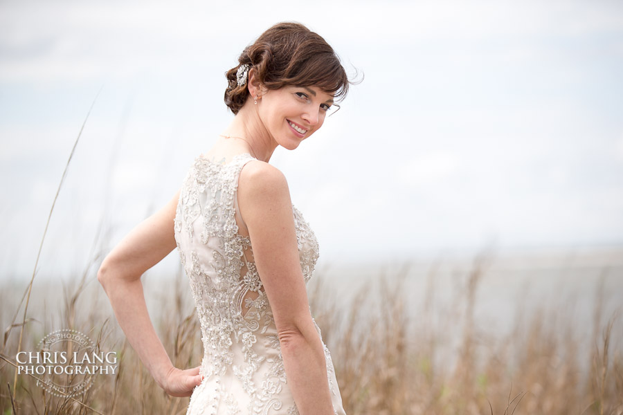 Image of beide in wedding dress on Bald Head Island - Bald Head Island Wedding photographers