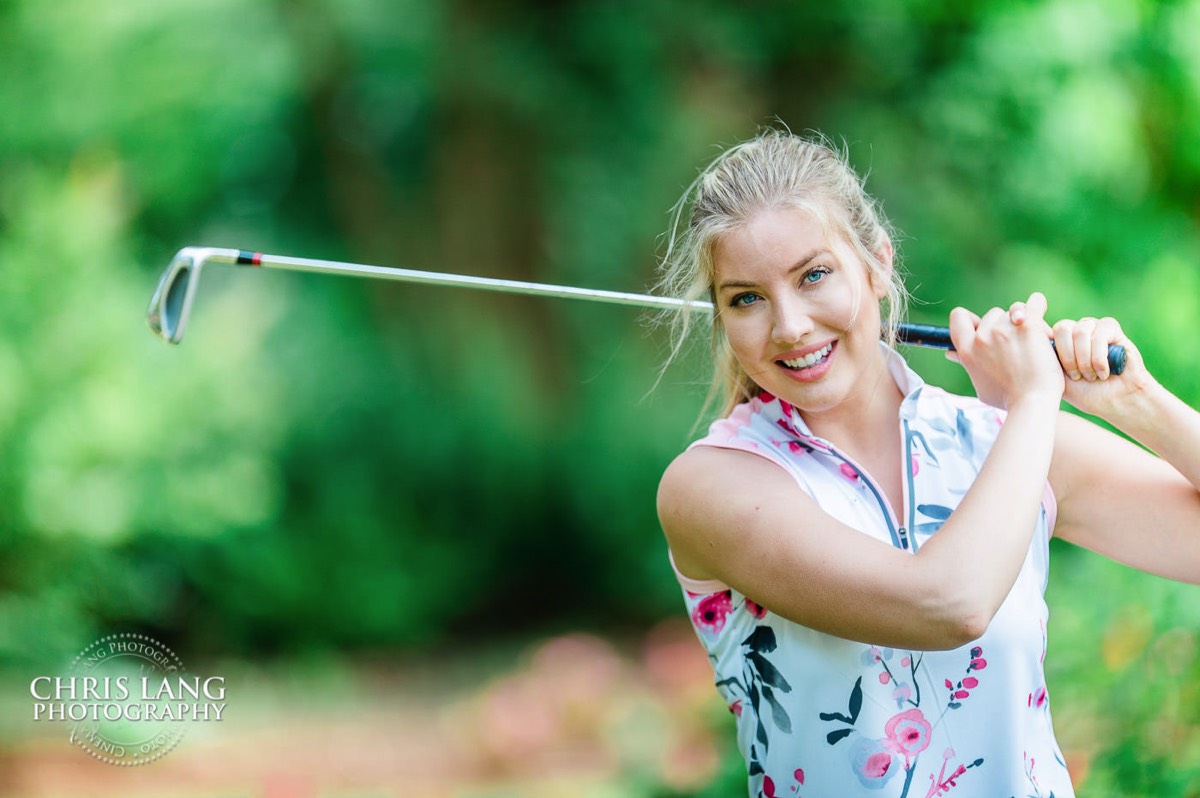 lifestyle image of female golfer modeling golf apparel - wilmington nc lifestyle photographer - lifestyle photography - chris lang photography 