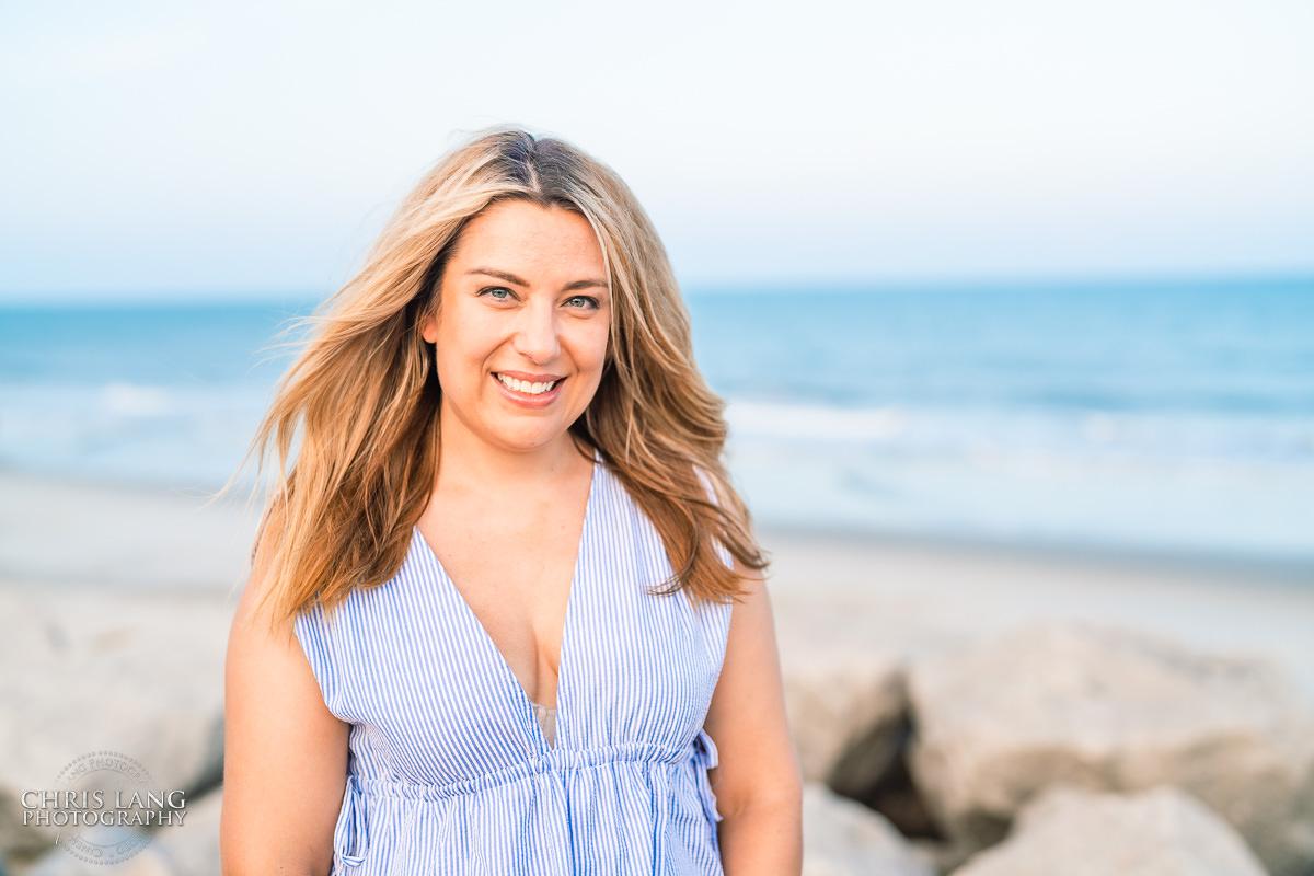 head shot  -  woman on the beach smiling - Fort Fisher- Family Photo Session- Fort Fisher Photography - Photos in Fort Fisher - Family Portraits -
