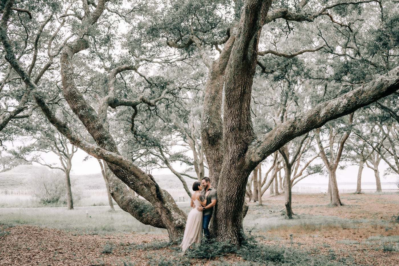 Fort Fisher Engagement photo - couple underneath large oak tree -- Engagement Photography -  Engagement Photographers - Wilmingrton - NC - Chfris Lang Photography - Engageent photography ideas 